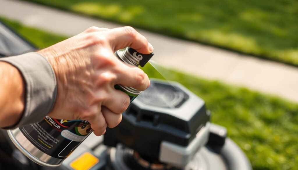 A well-lit, close-up photograph of a person's hand holding a can of engine starting fluid, with the nozzle pointed towards the air intake of a lawn mower engine. The person's other hand is reaching towards the engine, ready to spray the starting fluid. The background is blurred, but suggests an outdoor setting, with a neatly manicured lawn in the distance. The image conveys a sense of precision, efficiency, and focus, as the person demonstrates the proper technique for applying starting fluid to a lawn mower engine.