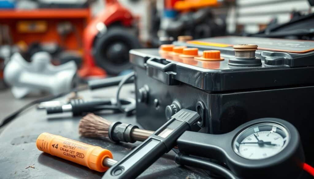 A well-lit, close-up view of a car battery, its terminals and connectors clearly visible. In the foreground, a set of tools - a wire brush, battery terminal cleaner, and a voltmeter - are arranged neatly. The background shows a garage workbench, with tools and automotive parts in the periphery, creating a sense of a professional, well-equipped maintenance setting. The image conveys a sense of diligence and care, highlighting the importance of proper battery maintenance for long-term performance and reliability.