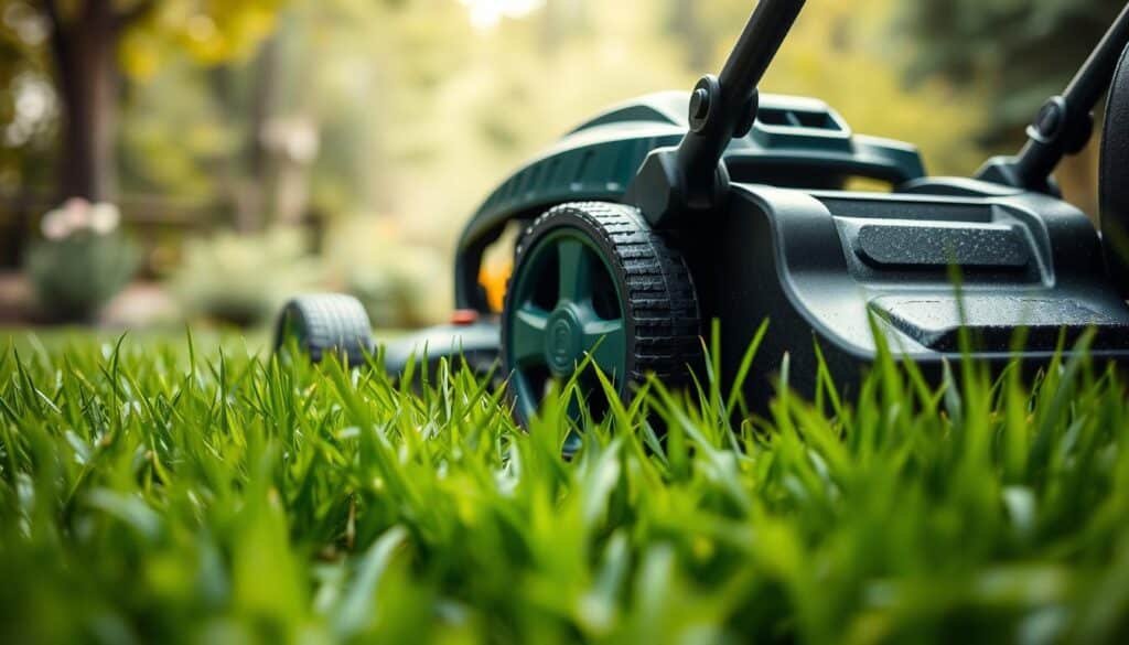 A well-lit, detailed image of a lawn mower with the height adjustment lever clearly visible, showcasing the proper positioning for mowing wet grass. The mower is positioned in the foreground, with lush, slightly damp green grass filling the middle ground. The background features a soft, blurred natural setting, perhaps a garden or a wooded area, to create a peaceful, serene atmosphere. The image should convey a sense of expertise and guidance, highlighting the importance of adjusting the mower height when dealing with wet conditions for the best mowing results. A well-lit, detailed image of a lawn mower with the height adjustment lever clearly visible, showcasing the proper positioning for mowing wet grass. The mower is positioned in the foreground, with lush, slightly damp green grass filling the middle ground. The background features a soft, blurred natural setting, perhaps a garden or a wooded area, to create a peaceful, serene atmosphere. The image should convey a sense of expertise and guidance, highlighting the importance of adjusting the mower height when dealing with wet conditions for the best mowing results.