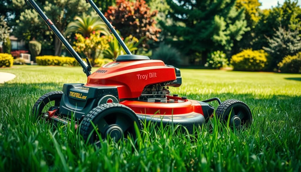 A well-lit, high-resolution image of a Troy Bilt lawn mower in a lush, verdant backyard setting. The mower is prominently featured in the foreground, its sturdy construction and gleaming chrome accents showcasing its performance capabilities. The blades are spinning at full speed, cutting through the thick, healthy grass with precision and efficiency. In the middle ground, the mower's large rear wheels demonstrate its powerful traction and maneuverability, while the detailed mulching mechanism highlights its ability to finely shred and distribute the grass clippings. The background features a beautifully manicured lawn, surrounded by vibrant trees and shrubs, conveying a sense of a well-maintained, high-performing outdoor space.