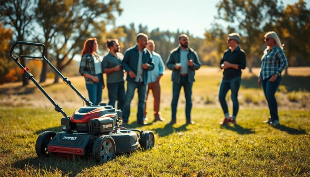 A well-lit, high-resolution outdoor scene showcasing a Troy-Bilt lawn mower in the foreground. The mower is positioned on a lush green lawn, with a clear focus on the product's design, features, and overall build quality. In the middle ground, a group of diverse individuals, both men and women, are engaged in a lively discussion, gesturing and referencing the mower while exchanging opinions. The background features a warm, sun-drenched landscape with towering trees and a clear blue sky, creating a serene and inviting atmosphere. The overall composition conveys a sense of trust, reliability, and customer satisfaction with the Troy-Bilt lawn mower.