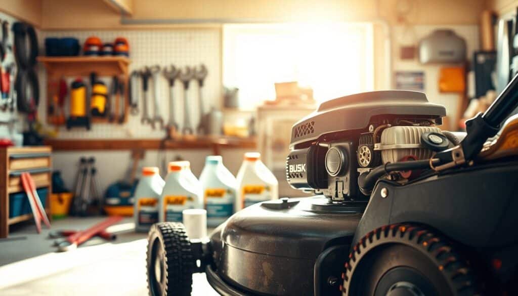A well-organized lawn mower maintenance scene with a focus on oil change tips. In the foreground, a lawnmower is propped up on a sturdy workbench, its engine exposed, revealing the oil drain plug. In the middle ground, a set of wrenches, oil filters, and fresh oil bottles are neatly arranged. The background features a bright, sunlit garage interior with pegboards, tools, and a sense of order. Warm, natural lighting casts a golden glow over the scene, emphasizing the importance of proper maintenance. The overall composition conveys a sense of expertise and attention to detail, perfectly suited to illustrate the "Proper Maintenance and Oil Change Tips" section of the article.