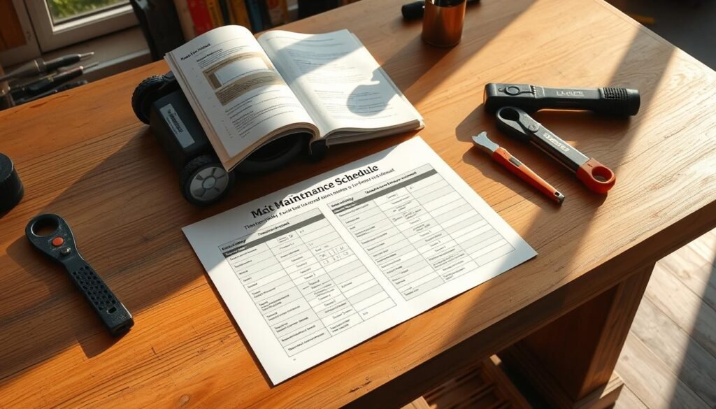 A well-organized lawn mower maintenance schedule laid out on a wooden workbench, with an open manual and various tools nearby. Crisp natural lighting from a window casts soft shadows, creating a sense of order and organization. The schedule is presented in a clean, easy-to-read format, with checkboxes and detailed instructions for routine tasks like oil changes, blade sharpening, and air filter replacements. The overall mood is one of efficiency and professionalism, encouraging the viewer to establish a consistent maintenance routine for their push mower. A well-organized lawn mower maintenance schedule laid out on a wooden workbench, with an open manual and various tools nearby. Crisp natural lighting from a window casts soft shadows, creating a sense of order and organization. The schedule is presented in a clean, easy-to-read format, with checkboxes and detailed instructions for routine tasks like oil changes, blade sharpening, and air filter replacements. The overall mood is one of efficiency and professionalism, encouraging the viewer to establish a consistent maintenance routine for their push mower.