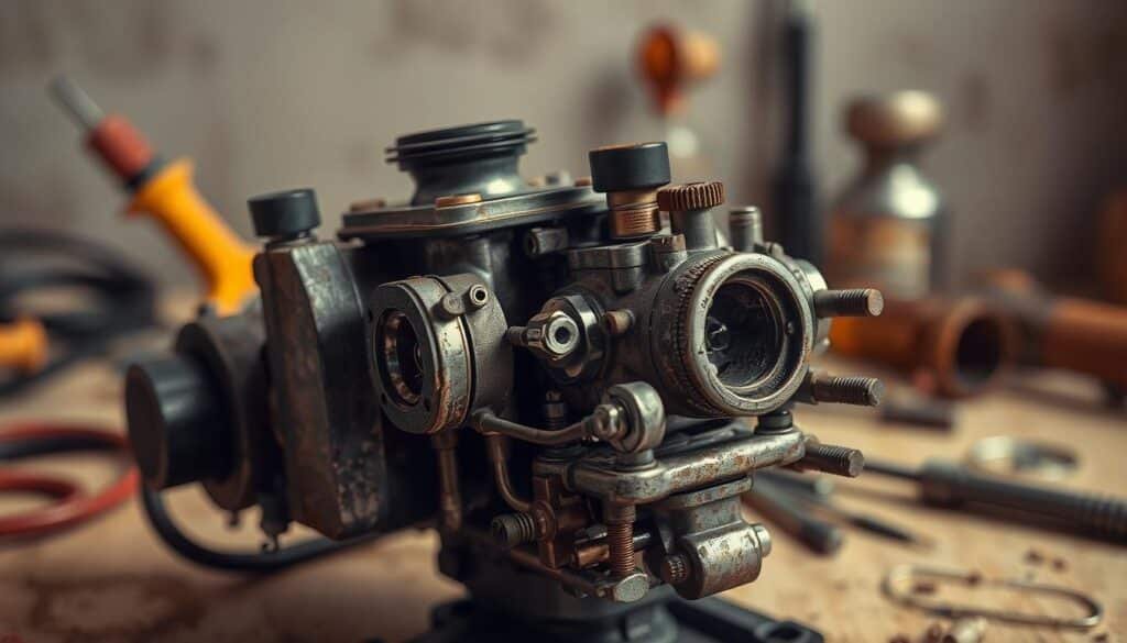An intricate view of a disassembled carburetor, showcasing the tell-tale signs of wear and maintenance issues. The foreground features the carburetor's inner workings, with worn gaskets, clogged jets, and corroded components clearly visible under warm, directional lighting. The middle ground displays a selection of common carburetor cleaning tools, hinting at the necessary repairs. The background fades into a softly blurred, neutral workspace, emphasizing the technical focus of the scene. The overall mood is one of detailed examination, guiding the viewer towards understanding the specific problems that may require attention in their own lawn mower's carburetor. An intricate view of a disassembled carburetor, showcasing the tell-tale signs of wear and maintenance issues. The foreground features the carburetor's inner workings, with worn gaskets, clogged jets, and corroded components clearly visible under warm, directional lighting. The middle ground displays a selection of common carburetor cleaning tools, hinting at the necessary repairs. The background fades into a softly blurred, neutral workspace, emphasizing the technical focus of the scene. The overall mood is one of detailed examination, guiding the viewer towards understanding the specific problems that may require attention in their own lawn mower's carburetor.