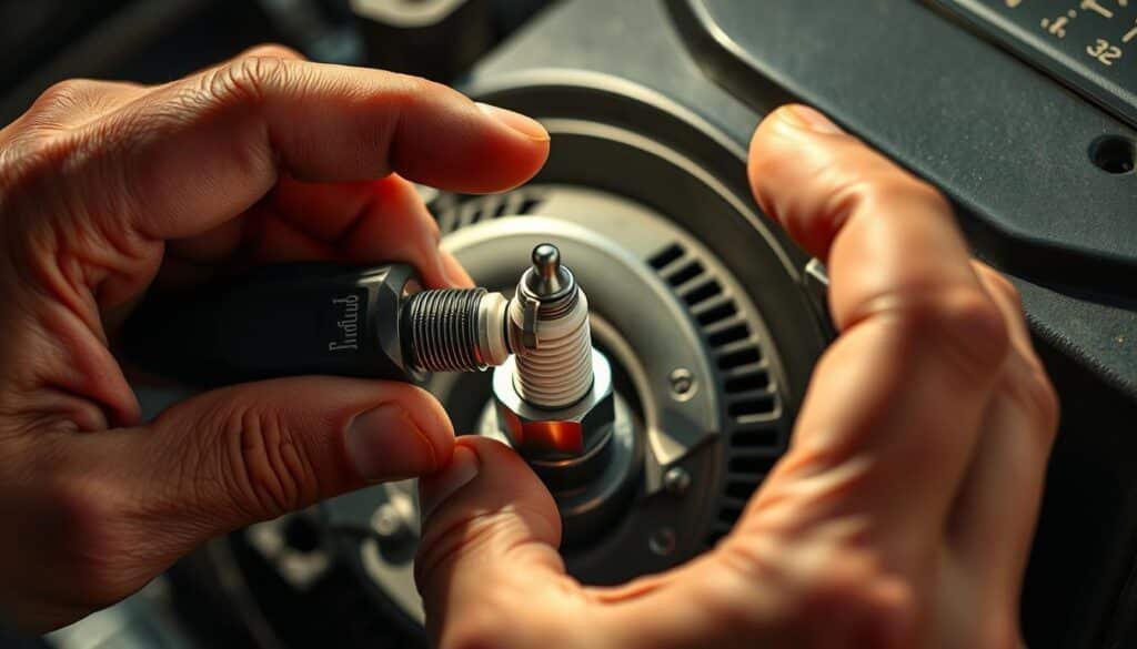 A close-up view of a mechanic's hands adjusting the gap on a spark plug using a feeler gauge. The spark plug is mounted in a well-lit engine block, with the engine's mechanical components visible in the background. The lighting is soft and directional, casting subtle shadows that accentuate the intricate details of the spark plug and the mechanic's focused expression. The composition is balanced, with the spark plug and the mechanic's hands occupying the central focus, while the surrounding engine parts provide context and depth to the scene. The overall mood is one of precision, attention to detail, and the skilled craftsmanship required to maintain a lawn mower's engine for optimal performance.