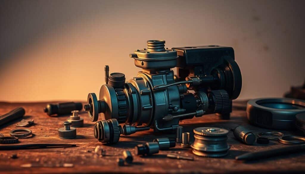 A close-up view of a small engine carburetor, partially disassembled and laid out on a workbench against a plain backdrop. The carburetor components are shown in an exploded diagram, with tools and spare parts nearby, conveying a sense of troubleshooting and repair. Warm, directional lighting illuminates the scene, casting subtle shadows that emphasize the mechanical details. The overall tone is one of technical problem-solving, with a focus on the inner workings of the carburetor and the steps involved in diagnosing and addressing any issues.