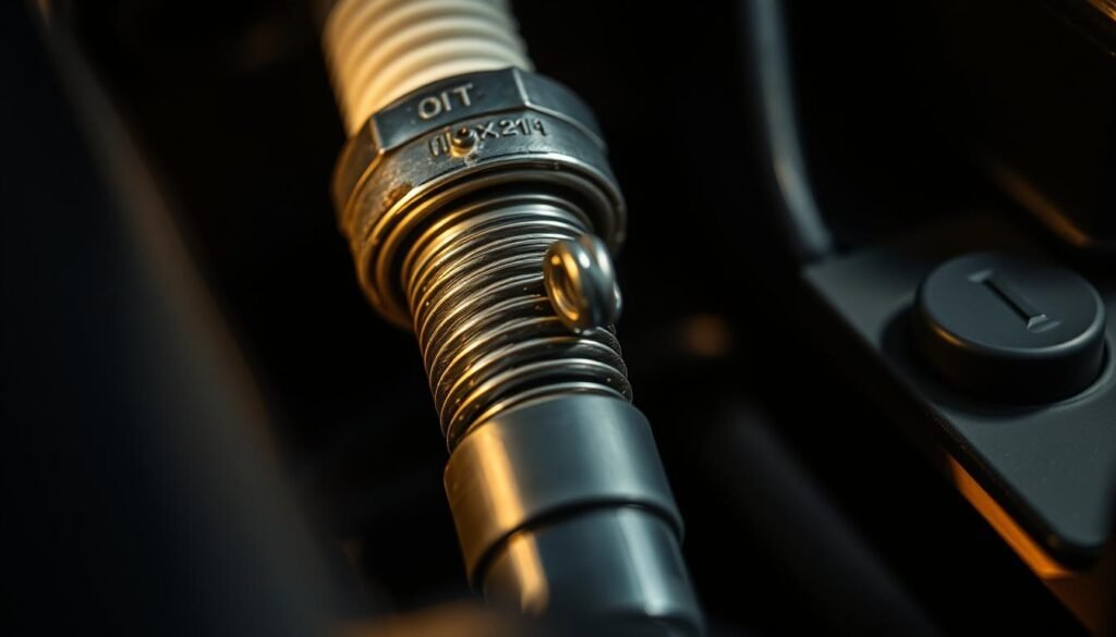 A close-up view of a spark plug being carefully inspected under bright, directional lighting. The plug's porcelain insulator and metal electrodes are sharply in focus, revealing intricate details and any potential signs of wear or damage. The surrounding engine components are slightly blurred, placing emphasis on the spark plug itself. The overall mood is one of technical precision and diligent examination, as if part of a professional mechanic's diagnostic process.