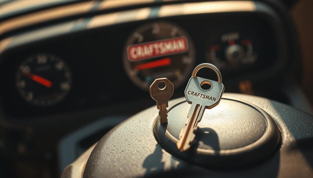 A close-up view of a used Craftsman riding mower key in a well-lit, textured environment. The key is in the foreground, prominently displayed against a slightly blurred background of the mower's control panel and dashboard. The lighting is warm and natural, casting subtle shadows to emphasize the key's form and metallic finish. The overall mood is one of detailed examination, inviting the viewer to consider the key's condition and role in evaluating the value of the used mower. The image conveys a sense of thoughtful inspection, highlighting the key as a crucial factor in assessing the worth of the Craftsman riding mower. A close-up view of a used Craftsman riding mower key in a well-lit, textured environment. The key is in the foreground, prominently displayed against a slightly blurred background of the mower's control panel and dashboard. The lighting is warm and natural, casting subtle shadows to emphasize the key's form and metallic finish. The overall mood is one of detailed examination, inviting the viewer to consider the key's condition and role in evaluating the value of the used mower. The image conveys a sense of thoughtful inspection, highlighting the key as a crucial factor in assessing the worth of the Craftsman riding mower.