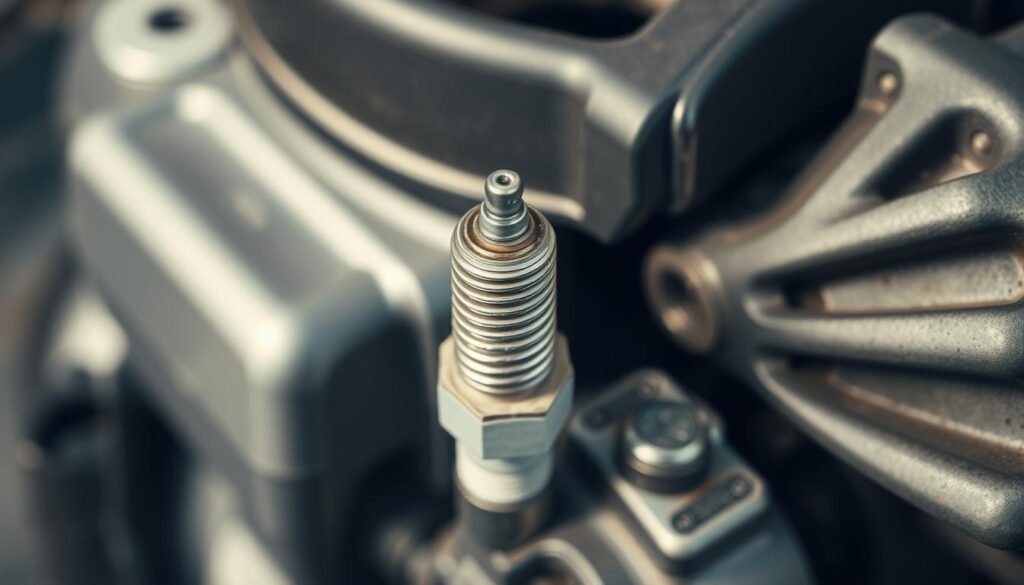 A detailed close-up view of a well-maintained lawn mower engine, showcasing the spark plug's location. The spark plug is prominently featured, visible against a clean, well-lit metal surface. The engine components are in focus, allowing for easy identification of the spark plug's position. Soft, directional lighting highlights the spark plug's shape and texture, creating a sense of depth and clarity. The overall scene conveys a technical, informative atmosphere, suitable for guiding the viewer in locating the spark plug on a lawn mower engine.