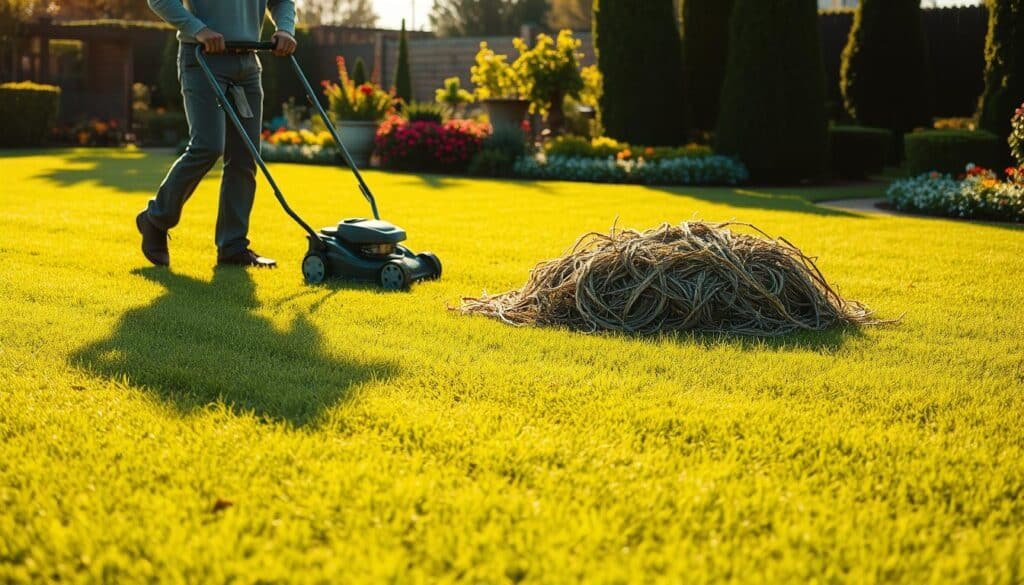 A lush green lawn, freshly mowed, with a person in the foreground pushing a modern lawn mower. The mower leaves a neat, striped pattern in its wake. In the middle ground, a pile of thatch sits ready to be removed, signaling the upcoming dethatching process. The background features a well-manicured garden, with vibrant flowers and neatly trimmed hedges. The scene is bathed in warm, golden sunlight, creating a sense of productivity and accomplishment. A crisp, clear day with a slight breeze rustling the leaves, suggesting the perfect conditions for this lawn maintenance task.