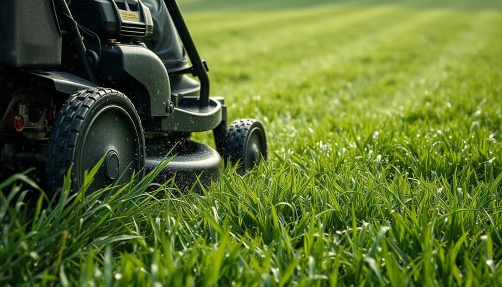 A lush, verdant lawn covered in a sheen of glistening droplets, as a mower struggles to navigate the slippery terrain. The foreground depicts the mower's wheels sinking into the saturated grass, the engine laboring against the resistance. In the middle ground, the mower operator leans forward, brow furrowed with concentration, attempting to maintain control. The background showcases the larger lawn, with wet blades bending under the weight of the moisture, creating a patchwork of light and shadow. Soft, diffused lighting casts a gentle, moody ambiance, emphasizing the challenges of mowing in these damp conditions.