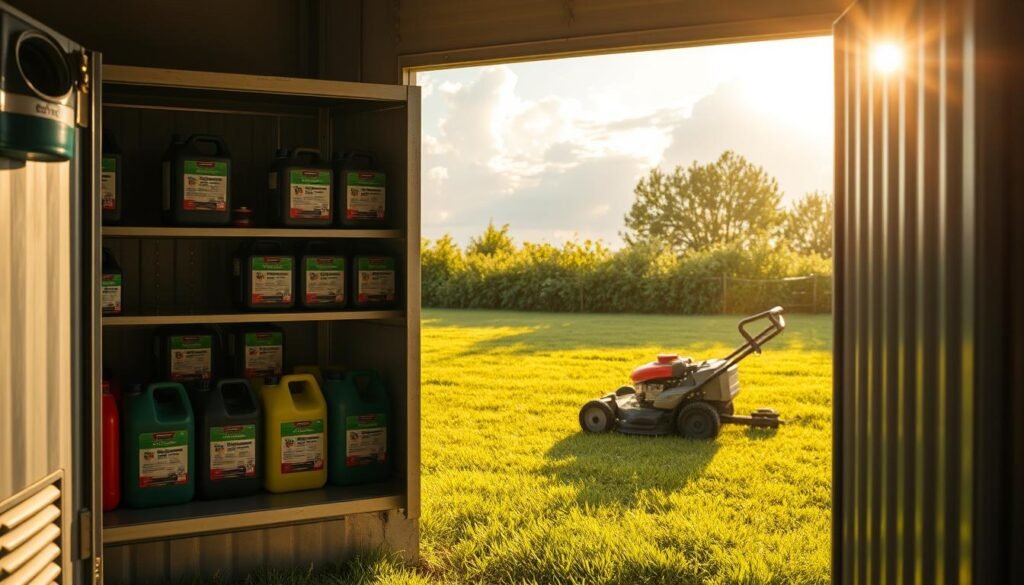 A neatly arranged gasoline storage area with a well-ventilated metal cabinet or shed in the foreground. Shelves hold properly labeled fuel canisters, each with a secure cap. The middle ground features a well-maintained lawnmower, its fuel tank empty. The background depicts a lush, verdant lawn, bathed in warm, golden afternoon sunlight filtering through fluffy clouds. The overall scene conveys a sense of safety, organization, and responsible gasoline handling practices for lawnmower maintenance.