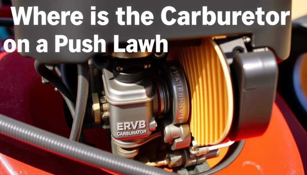 A well-lit, close-up view of the internal components of a push lawn mower, focusing on the carburetor positioned behind the air filter. The carburetor is highlighted, revealing its intricate design and position within the mower's engine compartment. The image showcases the spatial relationship between the air filter and the carburetor, providing a clear visual reference for the section title "Where is the Carburetor on a Push Lawn Mower". The lighting is natural and directional, casting subtle shadows that enhance the depth and three-dimensional quality of the scene. The overall composition is clean, uncluttered, and emphasizes the key technical details relevant to the article's subject.