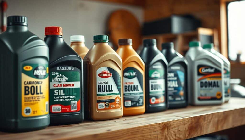A well-lit, close-up view of various types of lawn mower oil bottles arranged on a clean, wooden workbench. The bottles are positioned neatly, showcasing their different viscosities, labels, and branding. The lighting is soft and diffused, accentuating the textures and colors of the bottles. The background is slightly blurred, keeping the focus on the oil bottles in the foreground. The overall scene conveys a sense of thoughtful consideration and attention to detail, reflecting the importance of choosing the correct oil for a push mower.