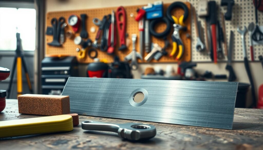 A well-lit garage workshop with a focus on a sturdy mower blade resting on a workbench. In the foreground, a set of precision tools - sharpening stone, file, and wrench - are neatly arranged, hinting at the meticulous maintenance process. The middle ground showcases the blade's sharp edge, with light glinting off the metal to emphasize its condition. In the background, a pegboard displays an array of spare parts and accessories, suggesting a comprehensive approach to mower upkeep. The overall atmosphere conveys a sense of diligence and expertise, reflecting the "Maintenance Best Practices to Enhance Mower Performance" theme.