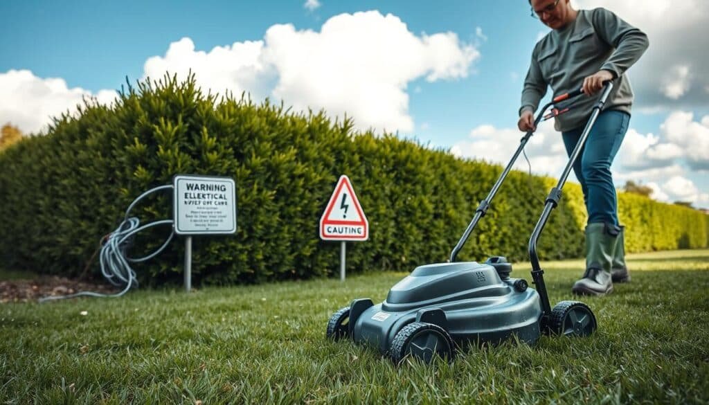 A well-lit outdoor scene showcasing essential safety precautions for wet lawn mowing. In the foreground, a person mowing a lush, dewy lawn while wearing non-slip rubber boots, a long-sleeved shirt, and safety glasses. In the middle ground, an electrical cord is secured off the ground, and a clear warning sign advises caution. The background features a neatly trimmed hedge and a vibrant blue sky with fluffy white clouds, conveying a serene, safe atmosphere. The lighting is soft and natural, accentuating the details and textures. The camera angle is slightly elevated, providing a comprehensive view of the scene. A well-lit outdoor scene showcasing essential safety precautions for wet lawn mowing. In the foreground, a person mowing a lush, dewy lawn while wearing non-slip rubber boots, a long-sleeved shirt, and safety glasses. In the middle ground, an electrical cord is secured off the ground, and a clear warning sign advises caution. The background features a neatly trimmed hedge and a vibrant blue sky with fluffy white clouds, conveying a serene, safe atmosphere. The lighting is soft and natural, accentuating the details and textures. The camera angle is slightly elevated, providing a comprehensive view of the scene.