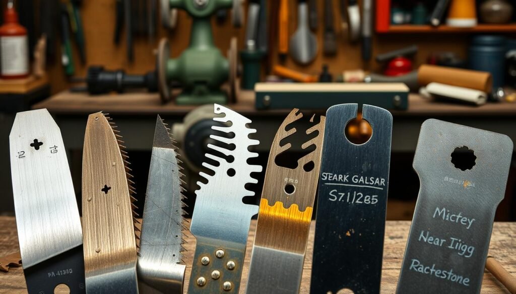 A well-lit workshop scene with a carefully arranged display of mower blades in the foreground. The blades are positioned side-by-side, showcasing their distinct sharpness and condition - some freshly sharpened and gleaming, others dull and worn. In the middle ground, a selection of sharpening tools, including files, grinders, and whetstone, suggests the process of restoring blade edges. The background features a workbench with various maintenance items, hinting at the broader context of lawn mower upkeep. The overall mood is one of thoughtful consideration, highlighting the decision-making process of determining when to sharpen new mower blades.