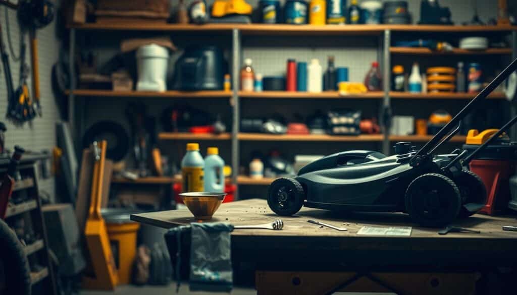 A well-lit workshop with a sturdy workbench in the foreground, a push lawn mower resting on the surface. In the middle ground, a set of mechanic's tools neatly arranged, including a wrench, funnel, and a bottle of fresh engine oil. The background features shelves stocked with various automotive supplies and parts. The lighting is warm and focused, casting a soft glow on the scene, conveying a sense of focused, step-by-step process. The overall atmosphere is one of a methodical, DIY approach to lawn mower maintenance.