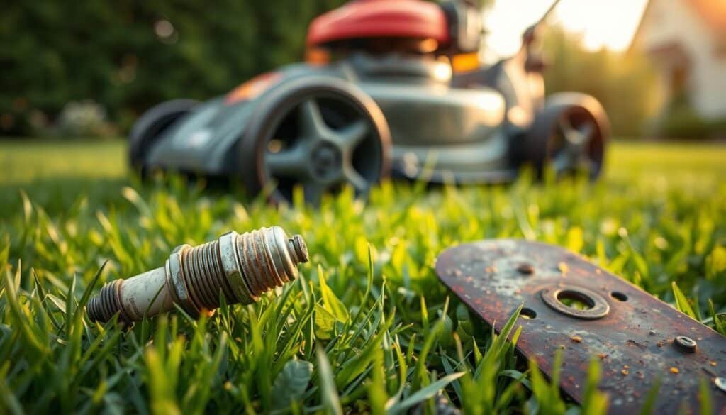 A well-maintained push mower rests on a lush, green lawn, its blades gleaming in the soft, golden light of a late afternoon. In the foreground, a cracked, worn-out spark plug lies abandoned, a testament to a cranky engine that refuses to stay running. The middle ground features a clogged air filter, its mesh obscured by a layer of dust and debris, impeding airflow and starving the engine. In the background, a rusted, dull blade hints at the need for regular sharpening and maintenance, the key to a clean, even cut. The overall scene conveys a sense of frustration and the importance of proactive care to keep a push mower in peak condition.