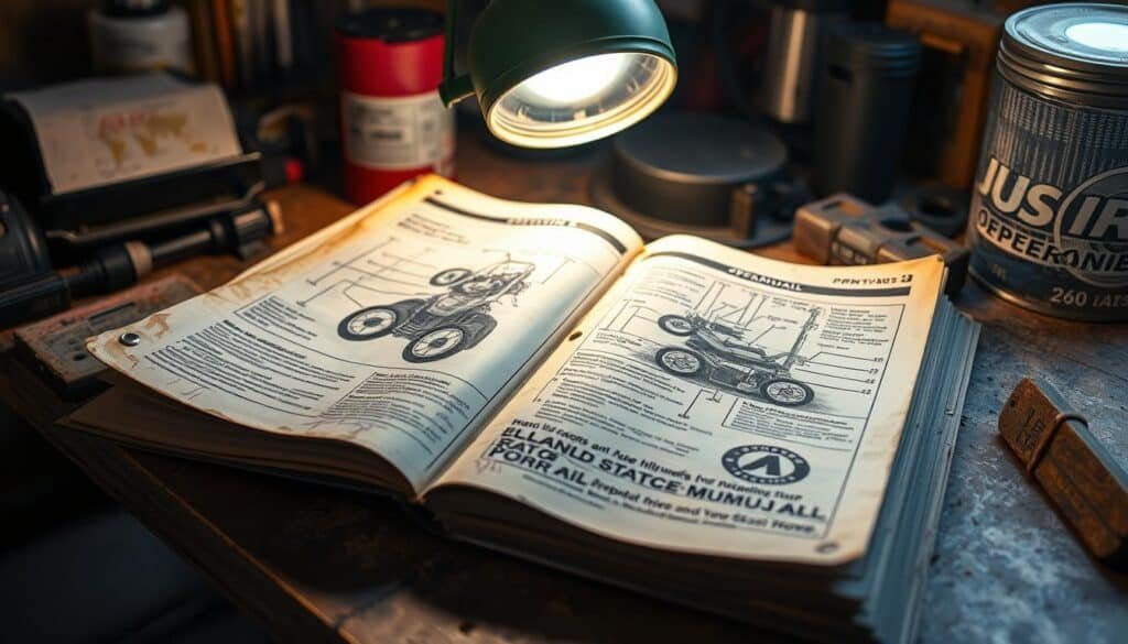 A well-worn and heavily annotated push mower operator's manual lies open on a cluttered workbench, illuminated by the warm glow of an overhead task light. The pages are dog-eared and stained with motor oil, hinting at years of use. The manual's cover features a detailed technical illustration of the mower's internal components, inviting the viewer to delve into the specifics of its maintenance and operation. The scene conveys a sense of practical experience and a dedication to understanding the intricacies of this essential piece of lawn care equipment.