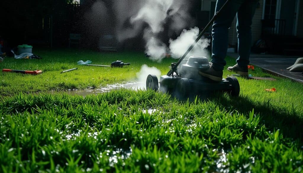 A wet, slippery lawn with puddles and long grass, illuminated by harsh, overhead lighting. In the foreground, a person mowing the grass with a powered lawn mower, their feet dangerously close to the spinning blades. Clouds of mist and spray kick up from the mower, reducing visibility. In the middle ground, scattered tools and debris litter the uneven ground, posing tripping hazards. The background shows a cluttered, unkempt yard, suggesting a lack of attention to safety. The overall scene conveys a sense of peril and the need for caution when mowing wet grass.