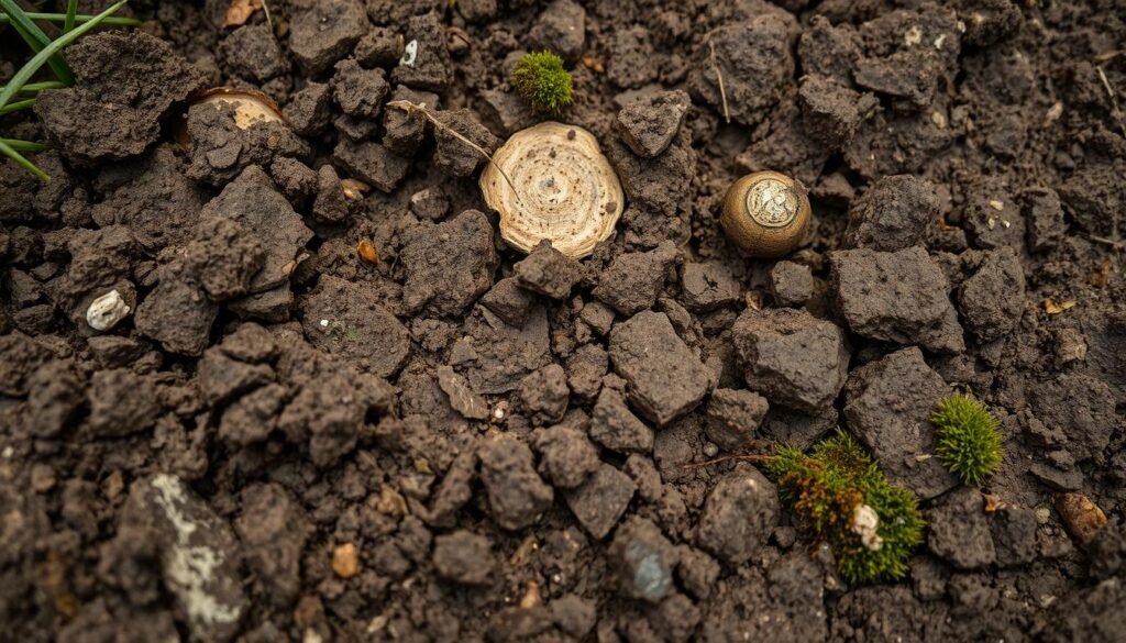 Close-up detailed view of compacted, dense lawn soil with visible signs of disease and deterioration. The soil appears heavily compacted, with a dull, discolored surface texture and irregular patches of discoloration. Visible fungal growth and moss suggest poor drainage and lack of air circulation. Illuminated from above by natural, soft diffused lighting that accentuates the textural details. Shallow depth of field to focus attention on the unhealthy soil conditions. Conveys a somber, neglected atmosphere that highlights the impact of improper lawn maintenance. Close-up detailed view of compacted, dense lawn soil with visible signs of disease and deterioration. The soil appears heavily compacted, with a dull, discolored surface texture and irregular patches of discoloration. Visible fungal growth and moss suggest poor drainage and lack of air circulation. Illuminated from above by natural, soft diffused lighting that accentuates the textural details. Shallow depth of field to focus attention on the unhealthy soil conditions. Conveys a somber, neglected atmosphere that highlights the impact of improper lawn maintenance.