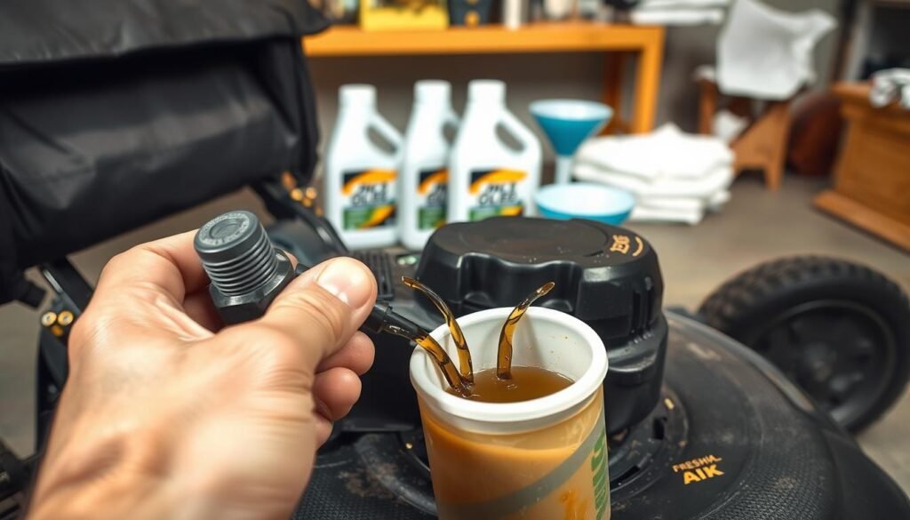 Detailed step-by-step process of a lawn mower oil change. A well-lit, close-up view of a push mower's engine, with the oil drain plug and dipstick clearly visible. In the foreground, a hand is unscrewing the drain plug, allowing old oil to flow into a waiting container. In the middle ground, fresh oil bottles are displayed, along with a funnel and paper towels. The background shows a neatly organized workbench or garage setting, providing a sense of context and organization. The overall mood is one of a straightforward, instructional guide, with a focus on the technical details of the oil change process.