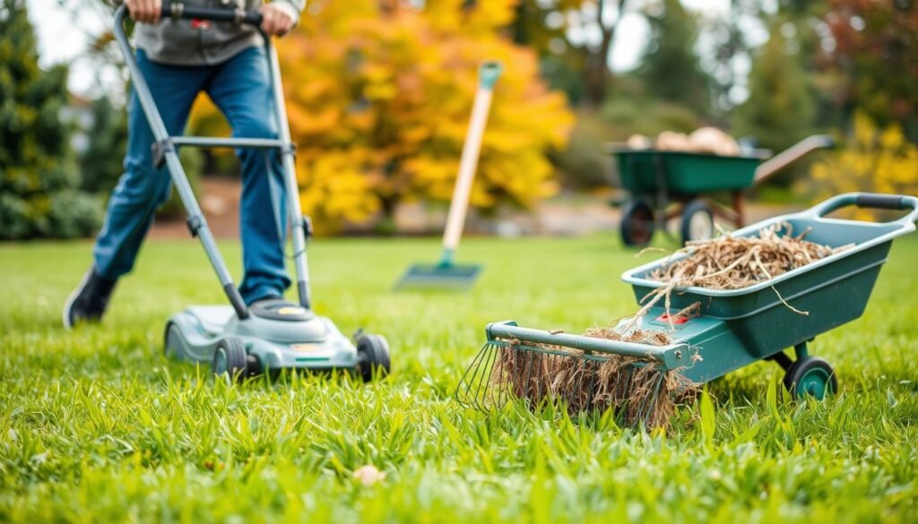 Lush, vibrant lawn against a backdrop of seasonal foliage. In the foreground, a person mowing the grass with a modern, energy-efficient lawn mower, their motion captured in a dynamic, action-oriented composition. The midsection showcases a raking tool, symbolizing the process of dethatching the lawn. In the distance, a wheelbarrow filled with lawn debris, hinting at the cleanup involved. Soft, diffused natural lighting illuminates the scene, creating a sense of warmth and productivity. The overall atmosphere conveys the importance of timing lawn care tasks for a healthy, thriving outdoor space.
