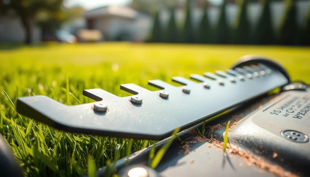 A close-up, high-resolution shot of sharp lawn mower blades undergoing maintenance. The blades are gleaming, freshly sharpened, and ready for action. The foreground is in focus, with the blades taking center stage against a blurred background of a well-manicured lawn. Soft, natural lighting illuminates the scene, casting a warm, inviting glow. The angle is slightly elevated, giving a bird's-eye view of the blades, emphasizing their precision and importance in achieving a perfect lawn. The overall mood is one of care, attention to detail, and a dedication to lawn care excellence.