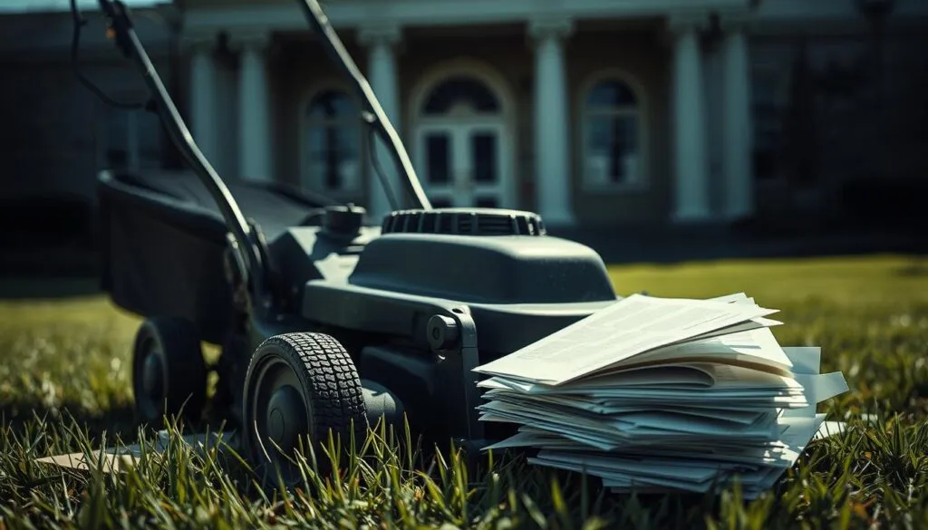 A close-up view of a lawn mower parked in front of a courthouse, with legal documents and case files strewn around it. The mower is positioned at a slight angle, casting dramatic shadows across the scene. The background is blurred, hinting at the gravity of the situation, while the foreground is sharply in focus, drawing the viewer's attention to the details of the case. The lighting is a mix of natural and artificial, creating a sense of tension and unease. The overall mood is somber and contemplative, reflecting the seriousness of the legal implications of operating a lawn mower under the influence.