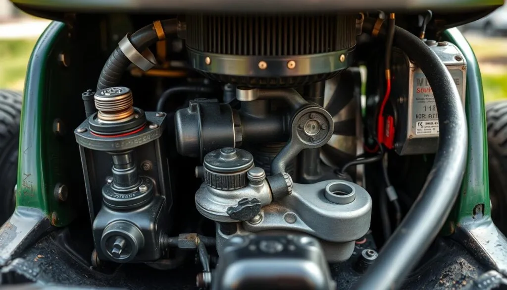 A detailed close-up view of the internal components of a lawn mower's cooling system, captured under natural lighting with a macro lens. The foreground features the engine block, with the thermostat, water pump, and coolant hoses clearly visible. The middle ground showcases the radiator and fan assembly, while the background provides a blurred glimpse of the surrounding engine bay. The overall scene conveys a sense of technical complexity and the importance of understanding these intricate systems for effective lawn mower maintenance and repair. A detailed close-up view of the internal components of a lawn mower's cooling system, captured under natural lighting with a macro lens. The foreground features the engine block, with the thermostat, water pump, and coolant hoses clearly visible. The middle ground showcases the radiator and fan assembly, while the background provides a blurred glimpse of the surrounding engine bay. The overall scene conveys a sense of technical complexity and the importance of understanding these intricate systems for effective lawn mower maintenance and repair.