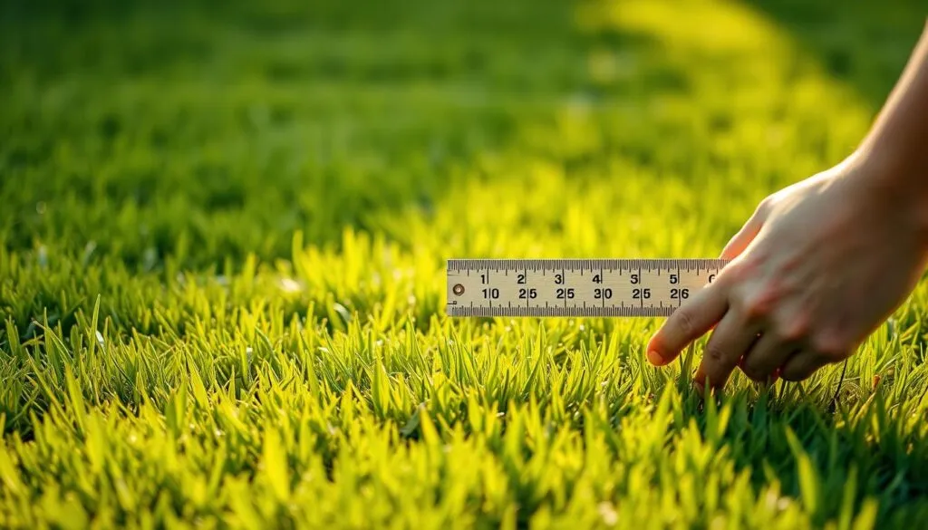 A freshly mowed lawn, the grass blades trimmed to a uniform height, gently catching the golden rays of the afternoon sun. In the foreground, a hand holds a ruler, carefully measuring the precise length of the newly cut grass. The background is a lush, verdant expanse, hinting at the care and attention lavished upon this well-manicured landscape. The image conveys a sense of pride and accomplishment, the result of a job well done in maintaining a healthy, thriving lawn. The composition is balanced, the lighting natural and inviting, drawing the viewer's eye to the central focus - the grass height measurement, a vital step in the overseeding process.