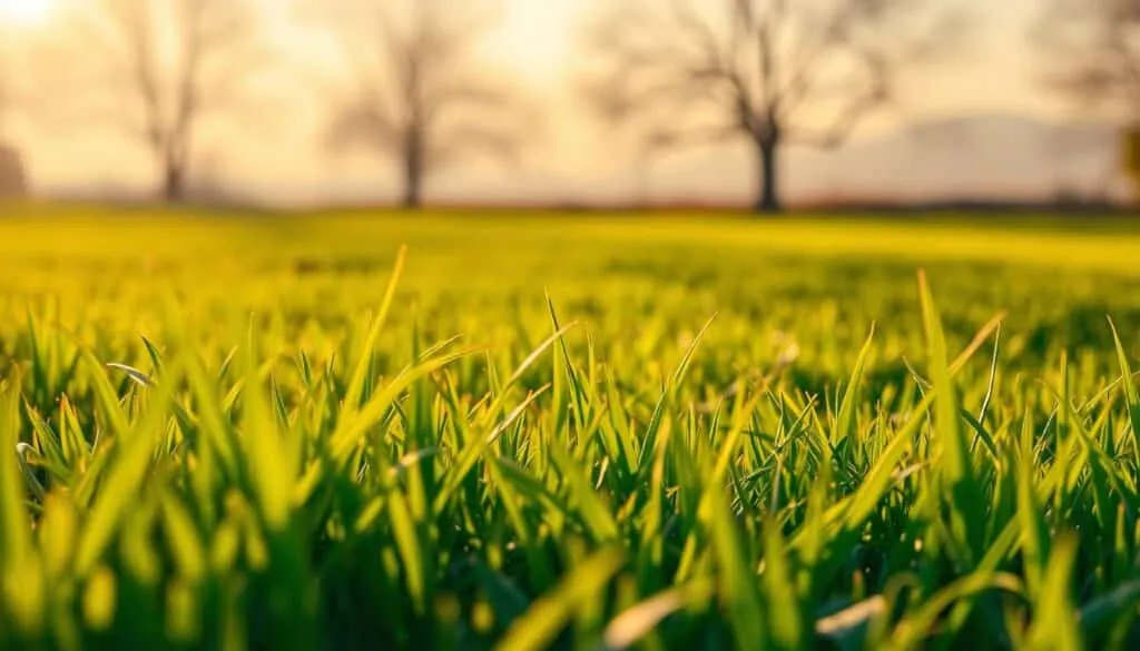 A lush, freshly-fertilized lawn under the warm glow of a late afternoon sun. In the foreground, blades of grass sway gently, their vibrant green hues accentuated by the golden light. The middle ground features a well-manicured, weed-free lawn, with no visible signs of mowing or disturbance. The background fades into a hazy, atmospheric landscape, perhaps with distant trees or a subtle horizon line. The scene conveys a sense of tranquility and the patience required to let the fertilizer work its magic before mowing. The image is captured with a shallow depth of field, drawing the viewer's focus to the rich, textured foliage in the immediate vicinity.