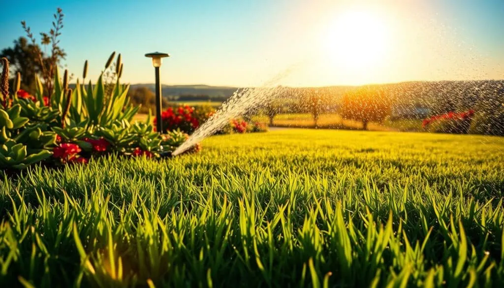 A lush, verdant lawn bathed in warm, golden sunlight. In the foreground, freshly mowed grass glistens with dewdrops, surrounded by thriving plants and vibrant blooms. The mid-ground showcases a sprinkler system, its water arcing gracefully over the lawn, nourishing the soil. In the background, a picturesque countryside landscape unfolds, with rolling hills and a clear, blue sky. The scene emanates a sense of tranquility and rejuvenation, highlighting the benefits of watering a lawn after mowing for optimal growth and healthy, thriving greenery.
