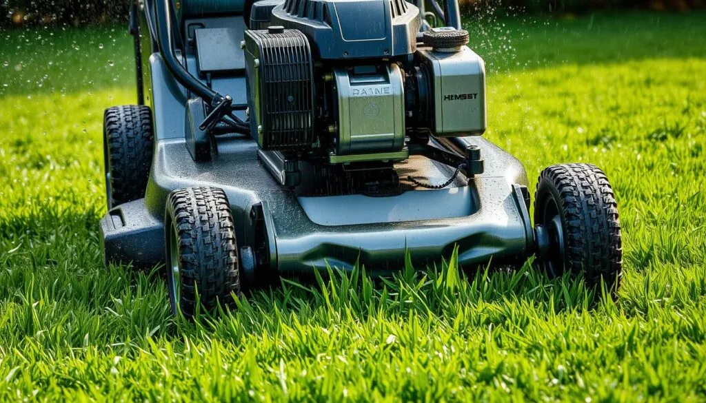 A lush, verdant lawn glistening with fresh raindrops. A powerful lawn mower, its blades slicing through the wet grass with precision and power. The machine's engine rumbles steadily, its metal chassis gleaming in the soft, diffused light. Droplets of water fly through the air as the mower's wheels churn through the saturated soil, leaving behind a neatly trimmed, carpet-like surface. The scene conveys a sense of both productivity and tranquility, as the mower navigates the challenges posed by the wet conditions with unwavering efficiency.