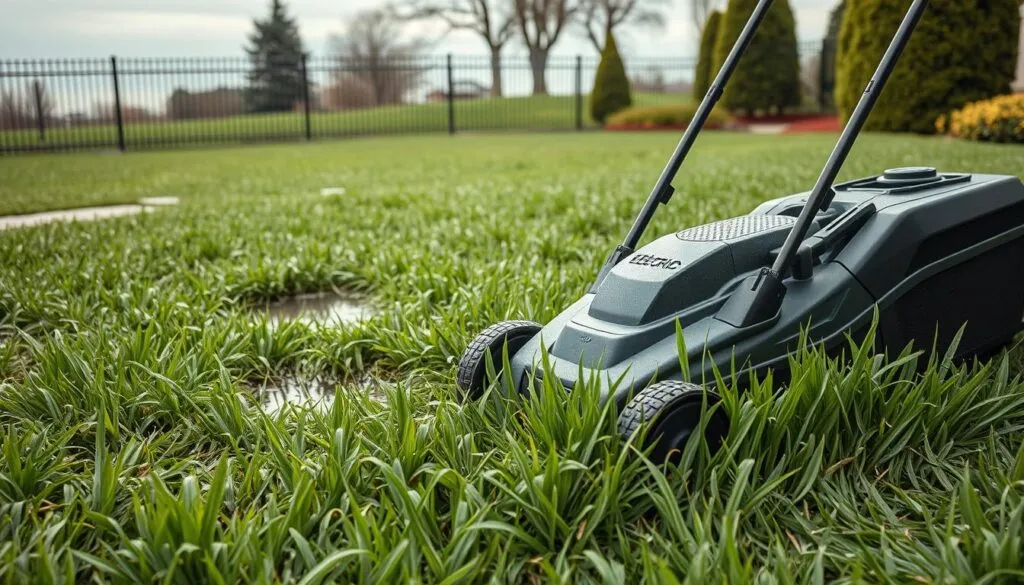 A lush, verdant lawn glistens with moisture under overcast skies. Blades of grass bend and cling together, creating a slippery, uneven surface. In the foreground, a modern, battery-powered electric lawn mower struggles to navigate the damp terrain, its wheels losing traction as it pushes through the thick, matted grass. The mower's operator furrows their brow, navigating the challenging conditions with care, their hands gripping the handles tightly. The mid-ground reveals the extent of the wet grass, with puddles dotting the landscape. In the background, a fence and a few trees frame the scene, adding depth and a sense of the outdoor environment. The overall mood is one of contemplation, as the viewer considers the difficulties of mowing wet grass with an electric mower.