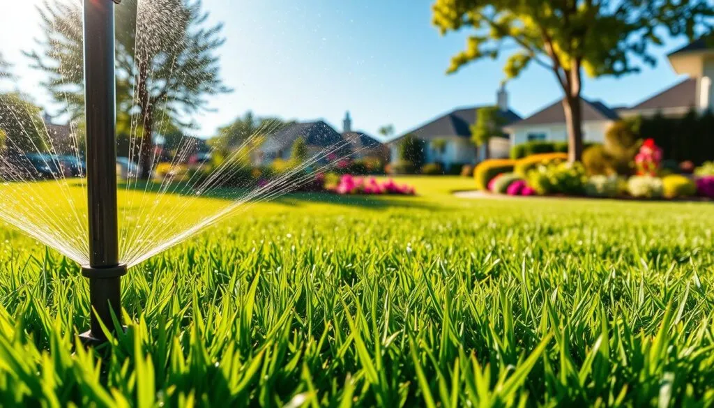 A lush, verdant lawn in bright afternoon sunlight, with droplets of water glistening on the freshly mowed blades of grass. In the foreground, a sprinkler system sprays a refreshing mist, nourishing the soil and replenishing the lawn's moisture content. The mid-ground features a well-tended garden, its vibrant flowers and foliage complementing the healthy grass. In the background, a picturesque suburban setting, with well-maintained homes and a clear, blue sky. The scene conveys a sense of tranquility and the abundant rewards of responsible lawn care, highlighting the benefits of watering after mowing for a thriving, vibrant outdoor space. A lush, verdant lawn in bright afternoon sunlight, with droplets of water glistening on the freshly mowed blades of grass. In the foreground, a sprinkler system sprays a refreshing mist, nourishing the soil and replenishing the lawn's moisture content. The mid-ground features a well-tended garden, its vibrant flowers and foliage complementing the healthy grass. In the background, a picturesque suburban setting, with well-maintained homes and a clear, blue sky. The scene conveys a sense of tranquility and the abundant rewards of responsible lawn care, highlighting the benefits of watering after mowing for a thriving, vibrant outdoor space.