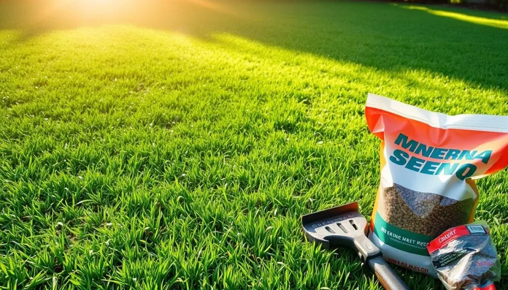 A lush, verdant lawn, its surface adorned with small, evenly spaced divots - the result of a recent aeration process. The soil beneath is exposed, ready to receive the nourishing care of overseeding and fertilization. Sunlight filters through wispy clouds, casting a warm, golden glow over the scene. In the foreground, various lawn care tools are arranged, including a core aerator, a hand-held spreader, and a bag of high-quality grass seed. The image conveys a sense of preparation and anticipation, as the homeowner prepares to embark on the journey of rejuvenating their cherished outdoor space. A lush, verdant lawn, its surface adorned with small, evenly spaced divots - the result of a recent aeration process. The soil beneath is exposed, ready to receive the nourishing care of overseeding and fertilization. Sunlight filters through wispy clouds, casting a warm, golden glow over the scene. In the foreground, various lawn care tools are arranged, including a core aerator, a hand-held spreader, and a bag of high-quality grass seed. The image conveys a sense of preparation and anticipation, as the homeowner prepares to embark on the journey of rejuvenating their cherished outdoor space.