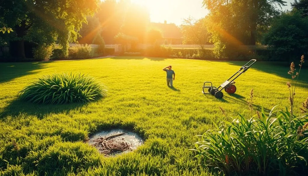 A lush, verdant lawn serves as the backdrop, illuminated by warm, golden sunlight filtering through wispy clouds. In the foreground, an array of common lawn care mistakes are depicted in vivid detail: an overgrown, shaggy patch of grass; a bald, dry spot from over-mowing; a puddle of standing water indicating poor drainage; and a tangle of weeds encroaching on the well-manicured turf. The middle ground features a homeowner scratching their head in contemplation, surrounded by gardening tools and a lawn aerator, hinting at potential solutions to these lawn care conundrums. The overall scene conveys a sense of both problem and potential resolution, setting the stage for the article's 