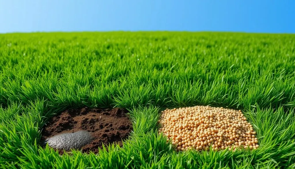 A lush, verdant lawn set against a clear blue sky. In the foreground, two side-by-side patches of soil - one glistening with the sheen of a liquid fertilizer, the other a sprinkling of granular pellets. The lighting is soft and even, accentuating the textural differences between the two application methods. The camera angle is slightly elevated, giving a broad, sweeping view of the scene. The overall mood is one of tranquility and anticipation, inviting the viewer to contemplate the differences in timing and impact between these two fertilizer options. A lush, verdant lawn set against a clear blue sky. In the foreground, two side-by-side patches of soil - one glistening with the sheen of a liquid fertilizer, the other a sprinkling of granular pellets. The lighting is soft and even, accentuating the textural differences between the two application methods. The camera angle is slightly elevated, giving a broad, sweeping view of the scene. The overall mood is one of tranquility and anticipation, inviting the viewer to contemplate the differences in timing and impact between these two fertilizer options.
