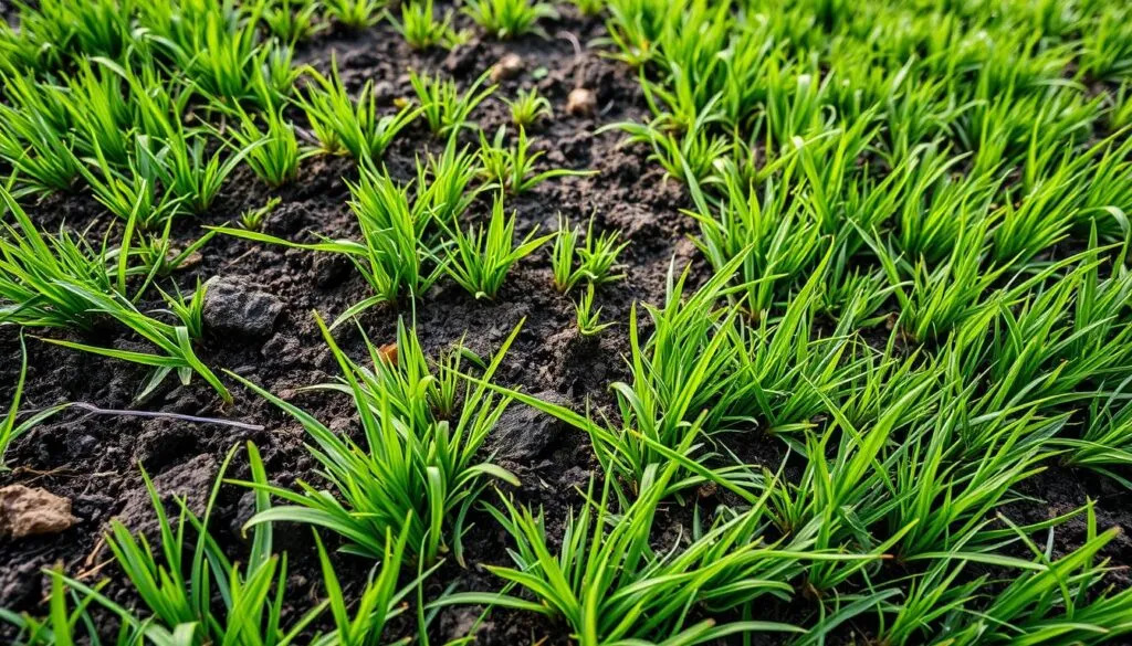 A lush, verdant lawn with a mix of different grass types, including vibrant green blades of Kentucky bluegrass, fescue, and perennial ryegrass. The soil is a rich, dark brown, with a slight texture indicating a well-aerated and nutrient-dense composition, ideal for overseeding. Soft, diffused natural light bathes the scene, creating a serene and inviting atmosphere. The camera angle is slightly elevated, providing a comprehensive view of the grass and soil conditions, allowing the viewer to fully appreciate the factors influencing the optimal timing for mowing after overseeding. A lush, verdant lawn with a mix of different grass types, including vibrant green blades of Kentucky bluegrass, fescue, and perennial ryegrass. The soil is a rich, dark brown, with a slight texture indicating a well-aerated and nutrient-dense composition, ideal for overseeding. Soft, diffused natural light bathes the scene, creating a serene and inviting atmosphere. The camera angle is slightly elevated, providing a comprehensive view of the grass and soil conditions, allowing the viewer to fully appreciate the factors influencing the optimal timing for mowing after overseeding.