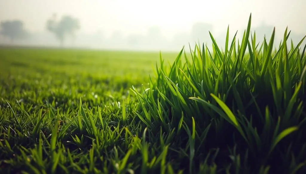 A lush, verdant lawn with a timeline of grass development unfolding across the frame. In the foreground, freshly overseeded patches of grass sprout and grow, their vibrant green blades reaching skyward. The middle ground showcases the gradual maturation of the lawn, with taller, thicker grass reflecting the progression of time. In the background, a hazy, atmospheric landscape sets the stage, bathed in soft, diffused lighting that accentuates the natural textures and hues. The scene conveys a sense of organic growth and the patience required for a healthy, thriving lawn to emerge.