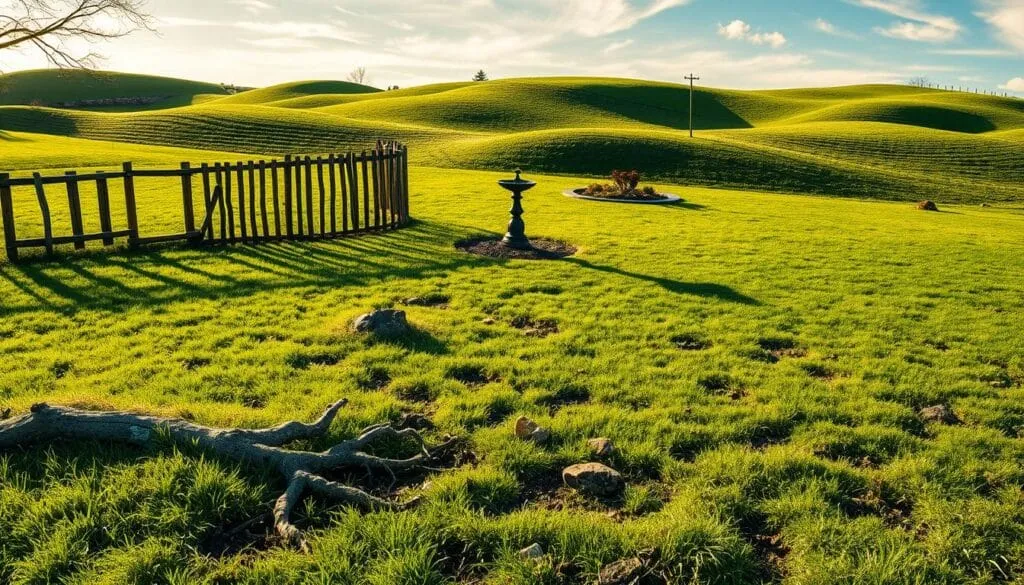 A lush, well-manicured lawn dotted with various obstacles and terrain challenges. In the foreground, gnarled tree roots, scattered rocks, and uneven patches of grass create an intricate patchwork. The middle ground features a weathered wooden fence, a decorative birdbath, and a small garden plot, casting dynamic shadows across the ground. Towards the back, rolling hills undulate, their slopes punctuated by small divots and mounds, presenting a visually engaging landscape. The lighting is a soft, golden hue, filtering through wispy clouds and casting a warm, inviting atmosphere. Captured with a wide-angle lens to showcase the depth and complexity of the scene, this image perfectly encapsulates the challenges of lawn mowing in an idyllic suburban setting.