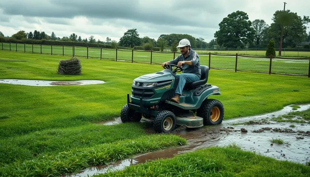 A lush, well-manicured lawn glistens with beads of rainwater under an overcast sky. In the foreground, a person in safety gear navigates a riding lawn mower, their expression cautious as they carefully maneuver the slippery terrain. Muddy patches and pooling water pose obstacles, creating an atmosphere of heightened awareness and potential danger. The mid-ground features a stack of freshly mowed grass clippings, a reminder of the task at hand. Distant trees and a fence line provide a sense of depth and context, emphasizing the outdoor setting. Soft, diffused lighting casts long shadows, heightening the dramatic mood and underscoring the risks of mowing wet grass. A lush, well-manicured lawn glistens with beads of rainwater under an overcast sky. In the foreground, a person in safety gear navigates a riding lawn mower, their expression cautious as they carefully maneuver the slippery terrain. Muddy patches and pooling water pose obstacles, creating an atmosphere of heightened awareness and potential danger. The mid-ground features a stack of freshly mowed grass clippings, a reminder of the task at hand. Distant trees and a fence line provide a sense of depth and context, emphasizing the outdoor setting. Soft, diffused lighting casts long shadows, heightening the dramatic mood and underscoring the risks of mowing wet grass.