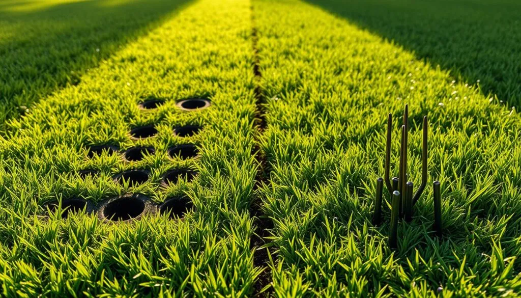 A lush, well-manicured lawn with two distinct sections. On the left, a core aeration technique is depicted, showcasing a series of evenly spaced holes punched into the soil, allowing for improved air, water, and nutrient flow. On the right, a spike aeration method is illustrated, with sharp metal tines penetrating the ground, creating pathways for vital resources. Soft, diffused lighting casts a warm, inviting glow over the scene, emphasizing the intricate details of the aeration processes. The composition is balanced and visually engaging, conveying the differences between the two techniques in a clear and informative manner. A lush, well-manicured lawn with two distinct sections. On the left, a core aeration technique is depicted, showcasing a series of evenly spaced holes punched into the soil, allowing for improved air, water, and nutrient flow. On the right, a spike aeration method is illustrated, with sharp metal tines penetrating the ground, creating pathways for vital resources. Soft, diffused lighting casts a warm, inviting glow over the scene, emphasizing the intricate details of the aeration processes. The composition is balanced and visually engaging, conveying the differences between the two techniques in a clear and informative manner.
