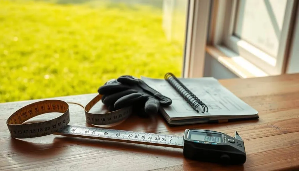 A meticulously arranged still-life of lawn measurement tools, illuminated by soft, natural light filtering through a window. In the foreground, a tape measure, a ruler, and a digital caliper lie neatly on a wooden surface, their metallic surfaces reflecting the ambient glow. In the middle ground, a lawn mower manual and a notebook with sketches of lawn dimensions sit alongside a pair of gardening gloves. In the background, the silhouette of a lush, well-manicured lawn can be seen through the window, hinting at the tools' purpose. The overall composition conveys a sense of order, precision, and a dedication to maintaining an efficient and well-measured lawn. A meticulously arranged still-life of lawn measurement tools, illuminated by soft, natural light filtering through a window. In the foreground, a tape measure, a ruler, and a digital caliper lie neatly on a wooden surface, their metallic surfaces reflecting the ambient glow. In the middle ground, a lawn mower manual and a notebook with sketches of lawn dimensions sit alongside a pair of gardening gloves. In the background, the silhouette of a lush, well-manicured lawn can be seen through the window, hinting at the tools' purpose. The overall composition conveys a sense of order, precision, and a dedication to maintaining an efficient and well-measured lawn.