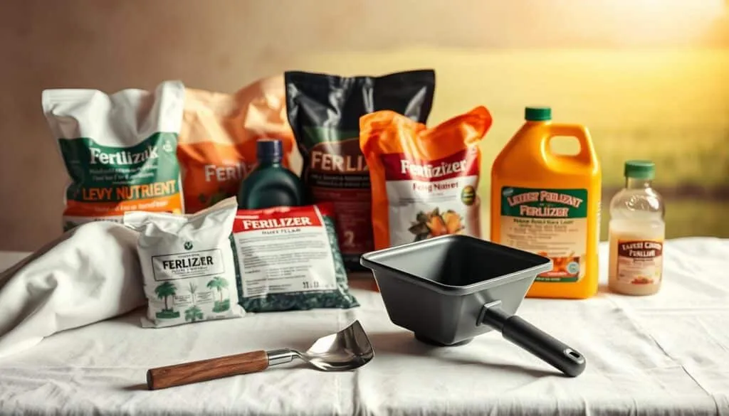A meticulously arranged still life showcasing a selection of fertilizer products, their packaging, and application tools. The foreground features various fertilizer bags and bottles, their labels highlighting the key nutrients and application rates. In the middle ground, a small hand-held spreader and a garden trowel sit atop a crisp white tablecloth, conveying the tools required for proper fertilizer application. The background depicts a soft, out-of-focus natural landscape, suggesting the ideal outdoor setting for lawn care. The lighting is warm and diffused, creating a sense of professionalism and expertise. The overall composition and attention to detail evoke a comprehensive understanding of the diverse fertilizer types and their impact on the optimal timing for mowing a freshly fertilized lawn.