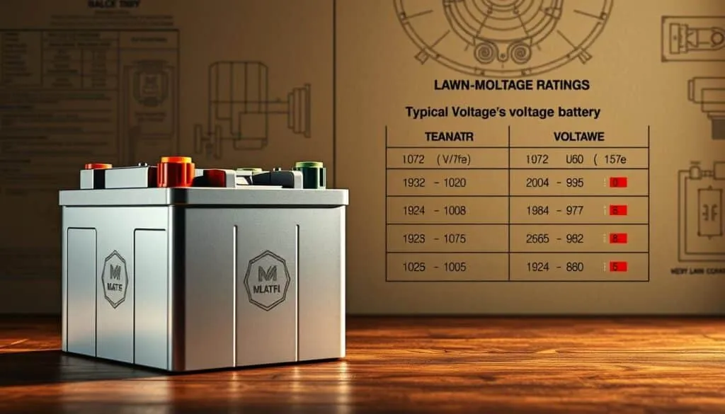 A meticulously detailed diagram showcasing the standard voltage ratings for lawn mower batteries. In the foreground, a sleek, modern battery unit is prominently displayed, its silver casing and bold terminal connectors captured in crisp, high-resolution detail. The middle ground features a clear, technical breakdown of the typical voltage ranges, with precise numerical values and color-coded indicators. The background subtly blends diagrams, schematics, and textured surfaces to create a sense of authority and technical expertise. Warm, directional lighting casts subtle shadows, emphasizing the three-dimensional nature of the components. The overall composition strikes a balance between form and function, creating a visually striking yet informative illustration.