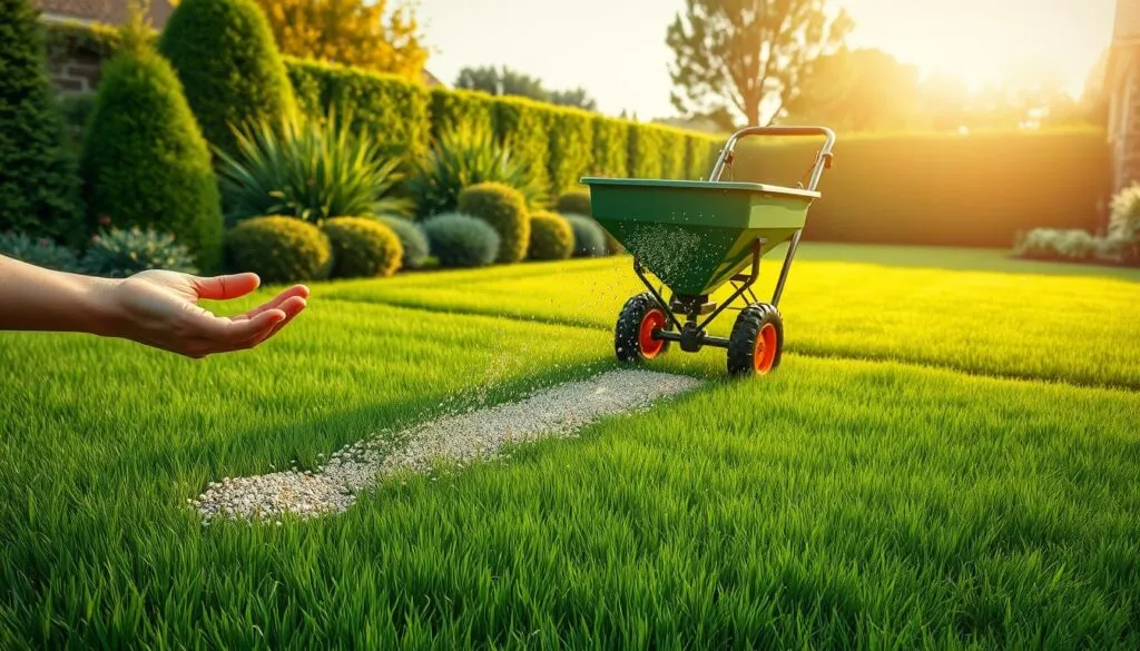 A meticulously detailed illustration of the overseeding process steps, showcased in a serene, well-lit garden setting. In the foreground, an expanse of lush, verdant lawn with scattered grass seeds being gently spread by a person's hands. The middle ground features a lawn spreader or broadcast seeder in action, dispersing the grass seed evenly across the soil. In the background, a neatly trimmed and edged lawn, complemented by vibrant greenery and a warm, golden-hour lighting atmosphere. The scene conveys a sense of precision, care, and the gradual transformation of the lawn through the overseeding process. A meticulously detailed illustration of the overseeding process steps, showcased in a serene, well-lit garden setting. In the foreground, an expanse of lush, verdant lawn with scattered grass seeds being gently spread by a person's hands. The middle ground features a lawn spreader or broadcast seeder in action, dispersing the grass seed evenly across the soil. In the background, a neatly trimmed and edged lawn, complemented by vibrant greenery and a warm, golden-hour lighting atmosphere. The scene conveys a sense of precision, care, and the gradual transformation of the lawn through the overseeding process.