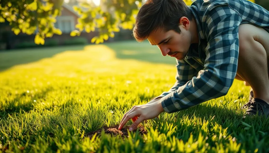 A person crouched in a lush, well-manicured lawn, gently inserting their fingers into the soil to assess the moisture content. Warm sunlight filters through the leaves of nearby trees, casting a natural, soft lighting on the scene. The person's face is focused, brow slightly furrowed, as they carefully evaluate the soil's state. In the background, a verdant, healthy lawn extends, hinting at the overall condition of the grassy expanse. The composition emphasizes the importance of understanding the lawn's hydration needs before deciding on the optimal mowing and watering sequence. A person crouched in a lush, well-manicured lawn, gently inserting their fingers into the soil to assess the moisture content. Warm sunlight filters through the leaves of nearby trees, casting a natural, soft lighting on the scene. The person's face is focused, brow slightly furrowed, as they carefully evaluate the soil's state. In the background, a verdant, healthy lawn extends, hinting at the overall condition of the grassy expanse. The composition emphasizes the importance of understanding the lawn's hydration needs before deciding on the optimal mowing and watering sequence.
